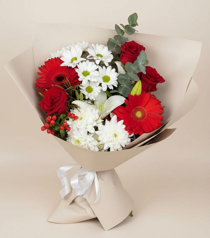 Букет цветов из: Розы, Хризантемы, Герберы и Лилии в Ростошах