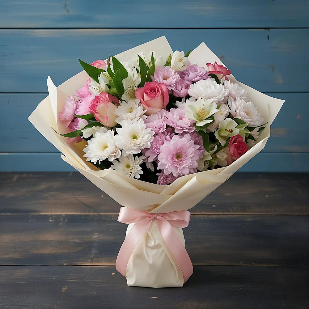 Букет цветов из: Хризантемы, Альстромерии и Розы в Ростошах